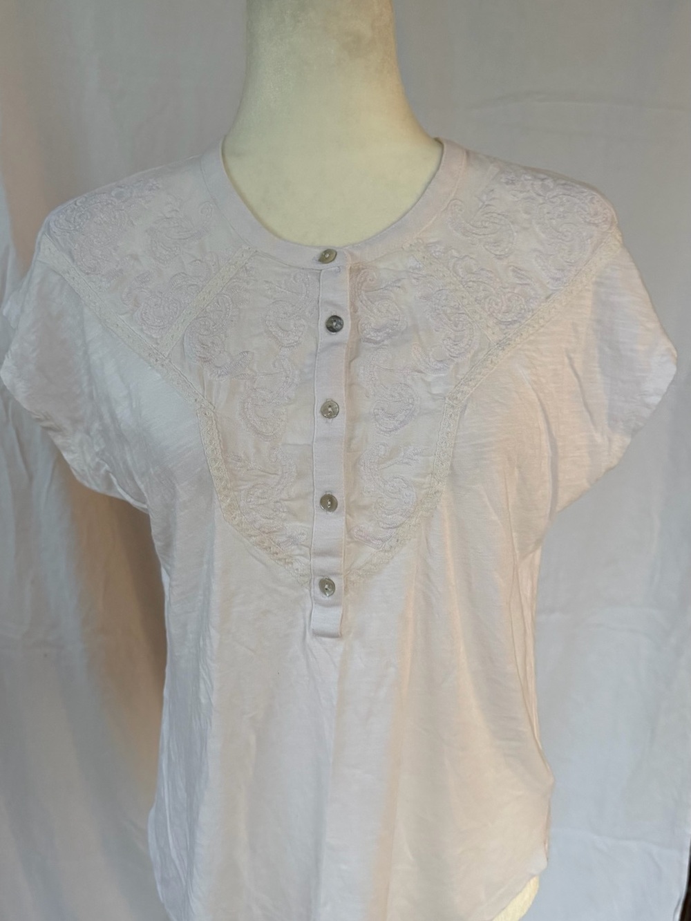 Lucky Brand White Embroidered Yoke Henley Tee